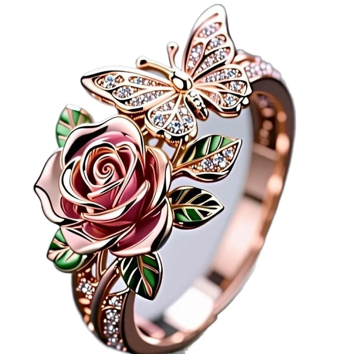 Adjustable butterfly personality ring with colourful oil treatment showing flower, insect and leaf elements