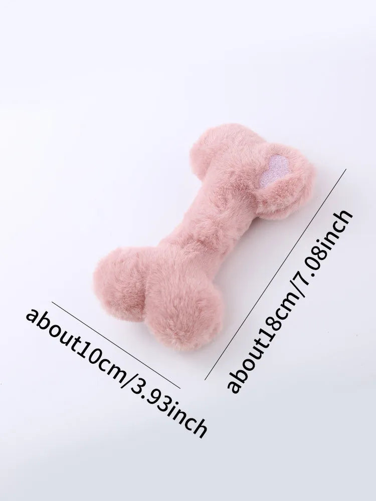 Blue plush bone-shaped dog toy with a squeaker for chew-resistant interactive play.