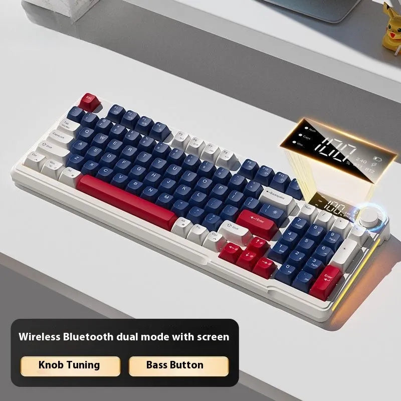 Blue and white wireless mechanical-feel keyboard and mouse set on a wooden desk