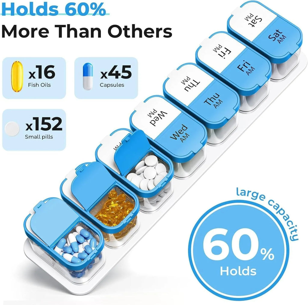 Extra large white portable pill box with 14 removable compartments for medication organisation