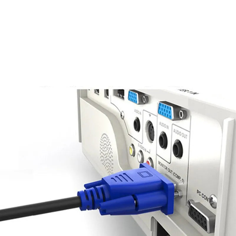 Black VGA cable with blue moulded connectors and nickel-plated terminals for computer monitor connections