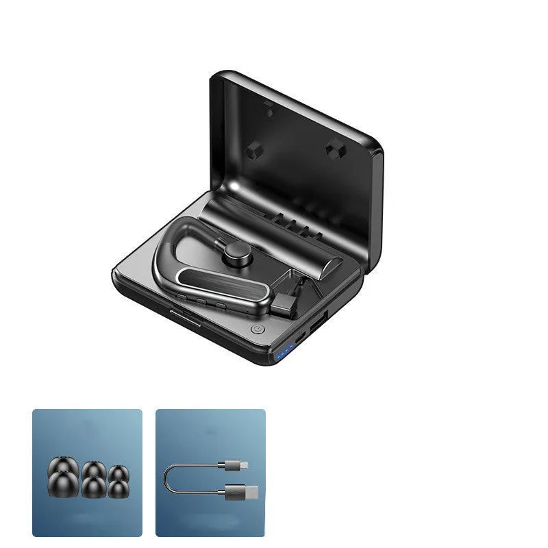Black hanging-ear Bluetooth earphones with hook design, shown with charging case and spare ear caps.