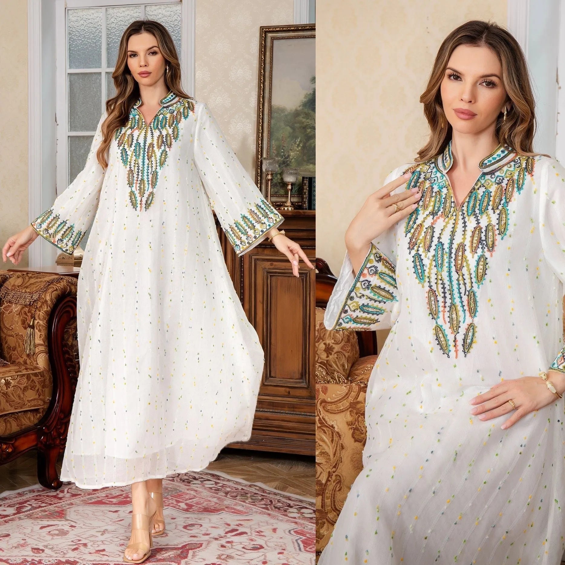 White full-length women's Arabic polyester kaftan robe with long sleeves