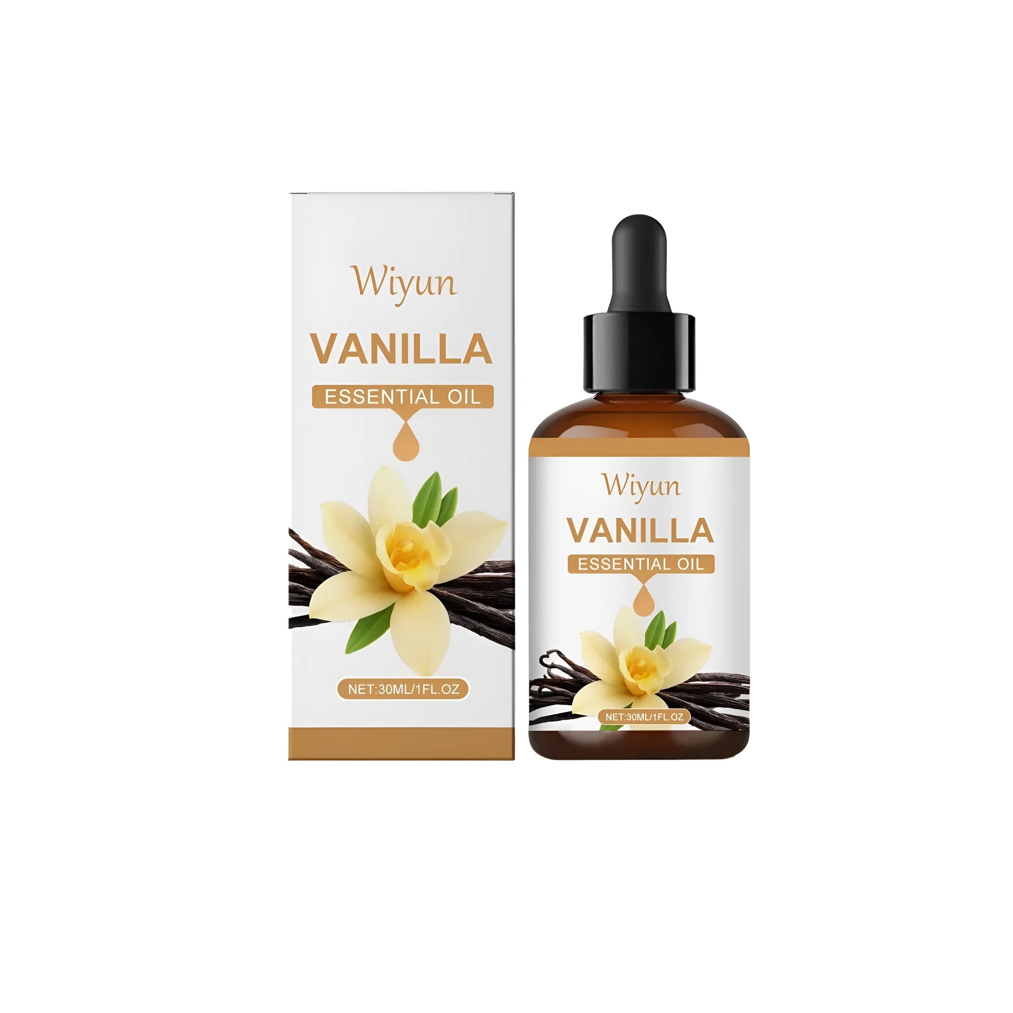 30ml bottle of vanilla flavoured oil with ingredients label showing glycerin, castor oil and tocopherol