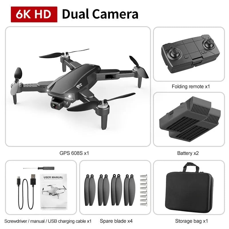 GPS high-definition dual camera quadcopter drone with brushless motor, 6K camera, and foldable design