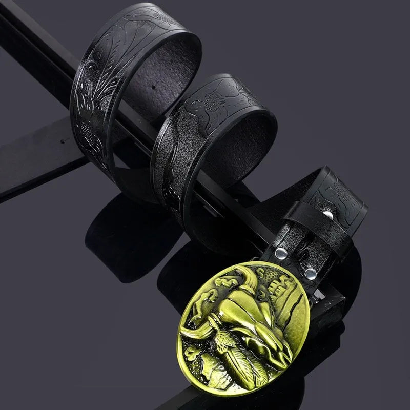Men's black imitation leather belt with a detailed metal cow head buckle and pin clasp.