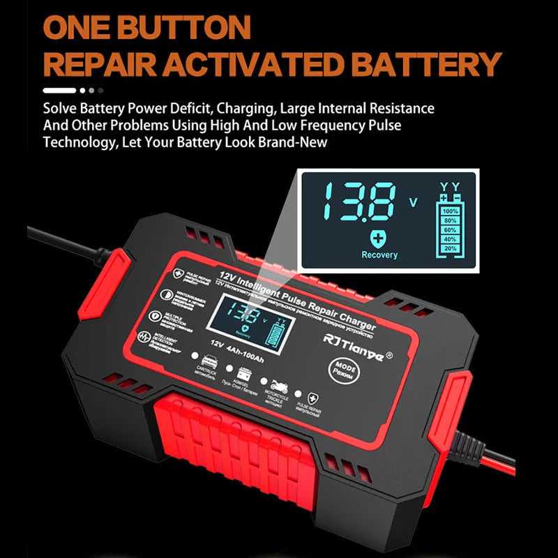 Red US standard car battery charger for lead acid batteries with on-screen display, 213x110x64mm