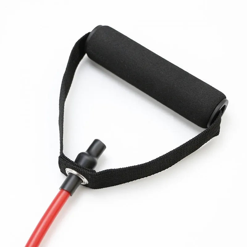 Colour-coded adjustable chest expander TPE fitness rope on yellow, green, red, blue, black backgrounds.
