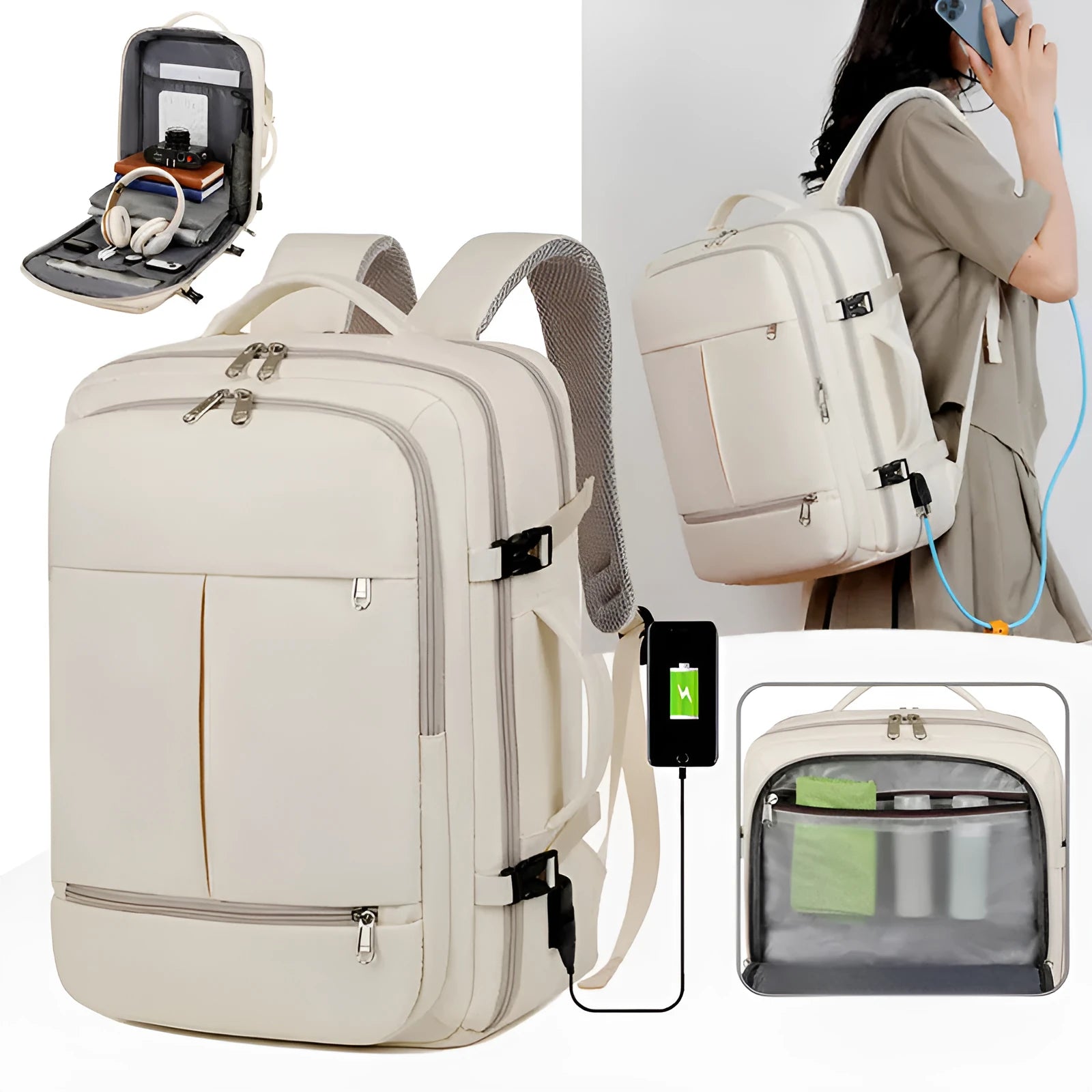 Waterproof Oxford cloth business backpack showing multiple pockets and zippers, suitable for a 15.6-inch laptop.