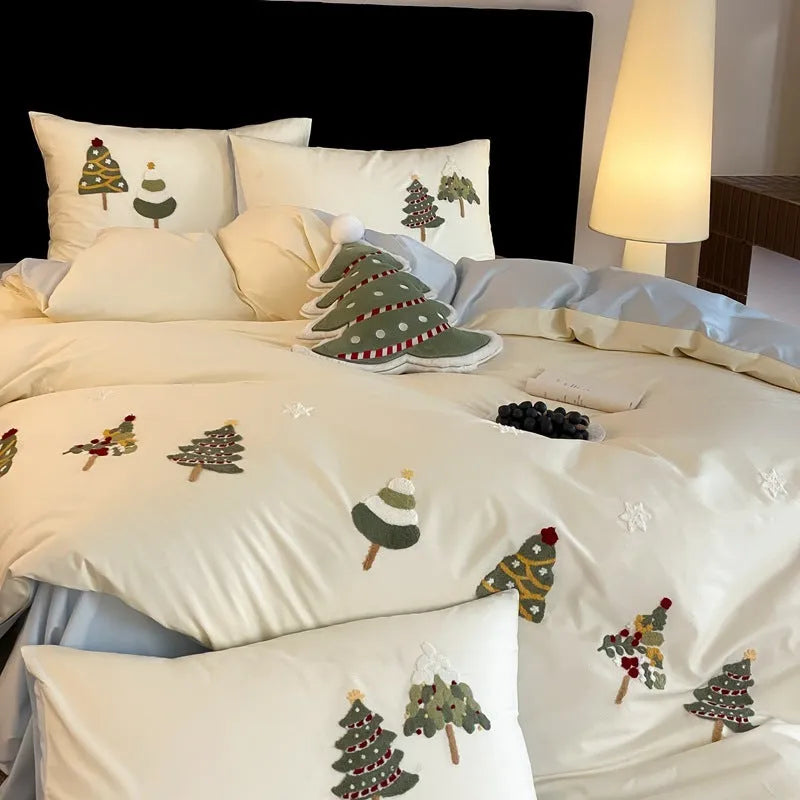 Christmas tree embroidered cotton bedding set with duvet cover, sheet and pillowcases