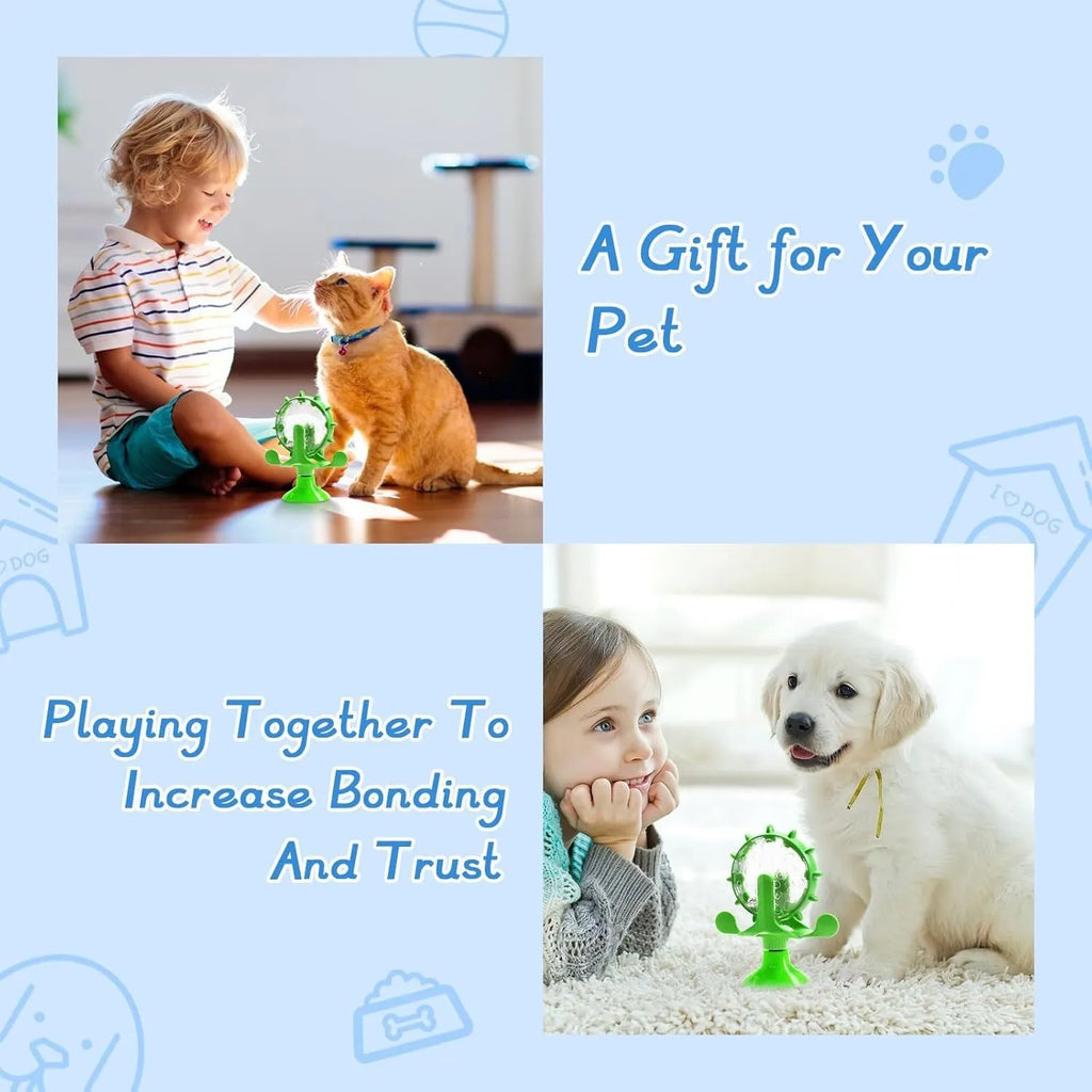 Interactive pet spinner toy with strong sucker base in blue, green, red, or yellow colours for cats and small dogs