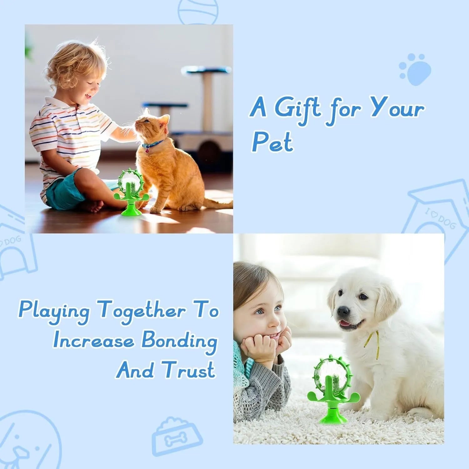 Interactive pet spinner toy with strong sucker base in blue, green, red, or yellow colours for cats and small dogs
