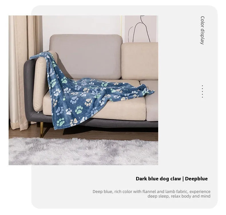 Cartoon patterned pet blanket showing blue dog design on double-sided thickened flannel material