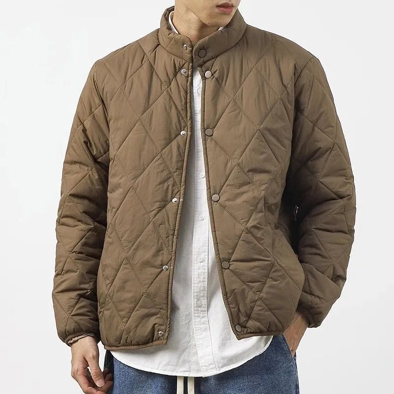 Men's black thickened winter jacket with diamond lattice pattern and lengthened 100cm design for urban commuting