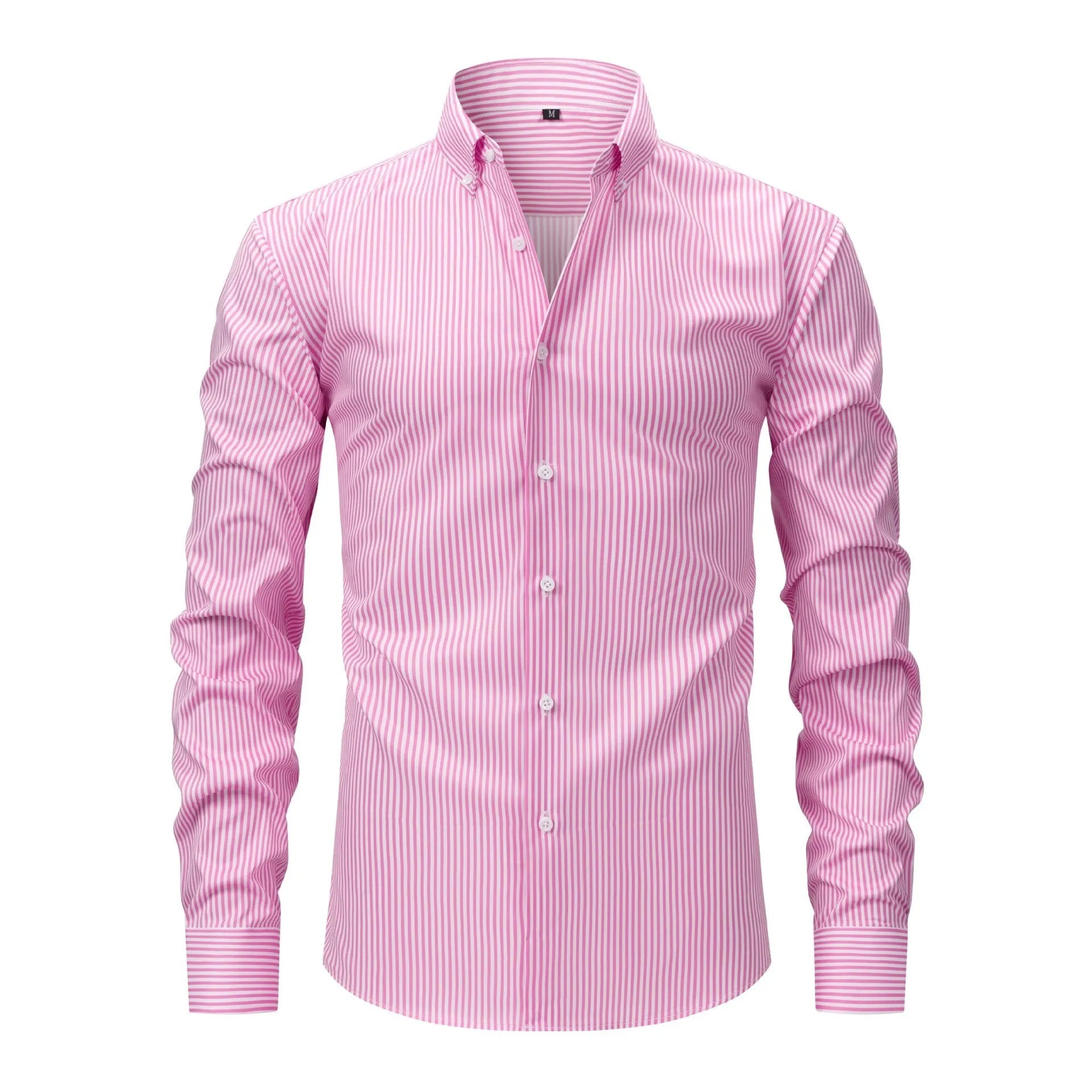 Man wearing a non-iron striped business casual shirt with a lapel collar.