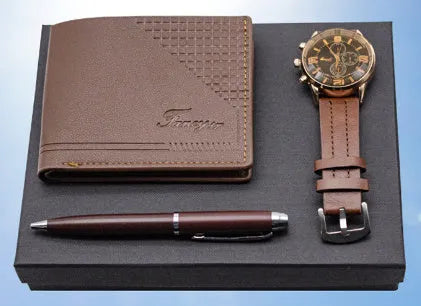 Creative holiday gift set showing wallet, pen, and watch in elegant gift box in black or brown colour