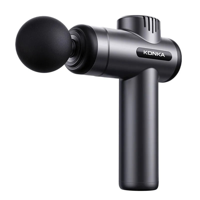 Konka electric mini massage gun with multiple massage head attachments on a gray background.