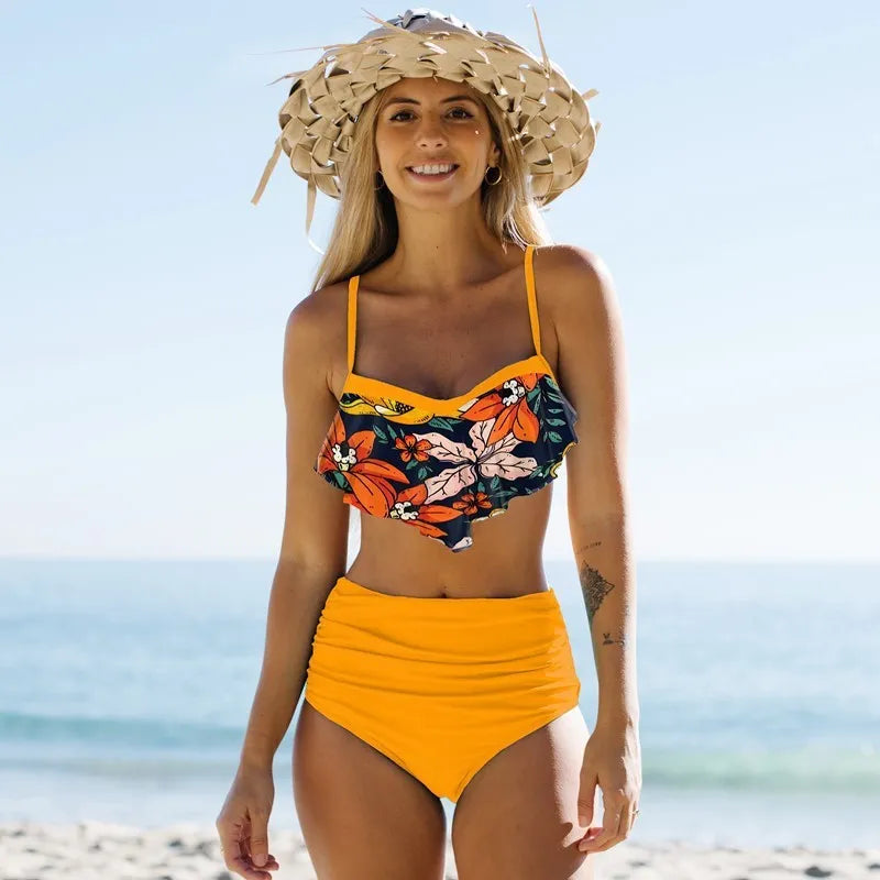 Women's green floral high-waisted pleated pants bikini swimsuit with matching top