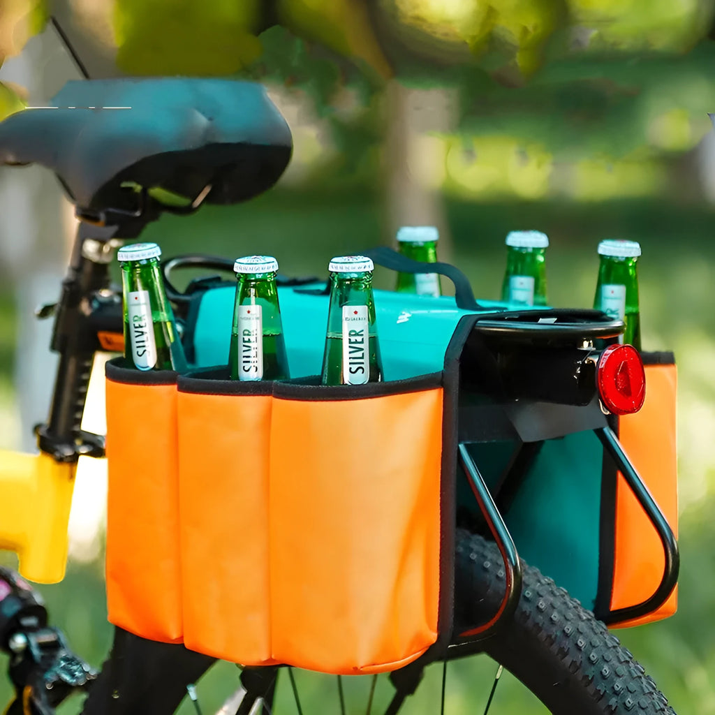 Black bicycle drink storage bag with anti-scratch shelf attached to bike frame