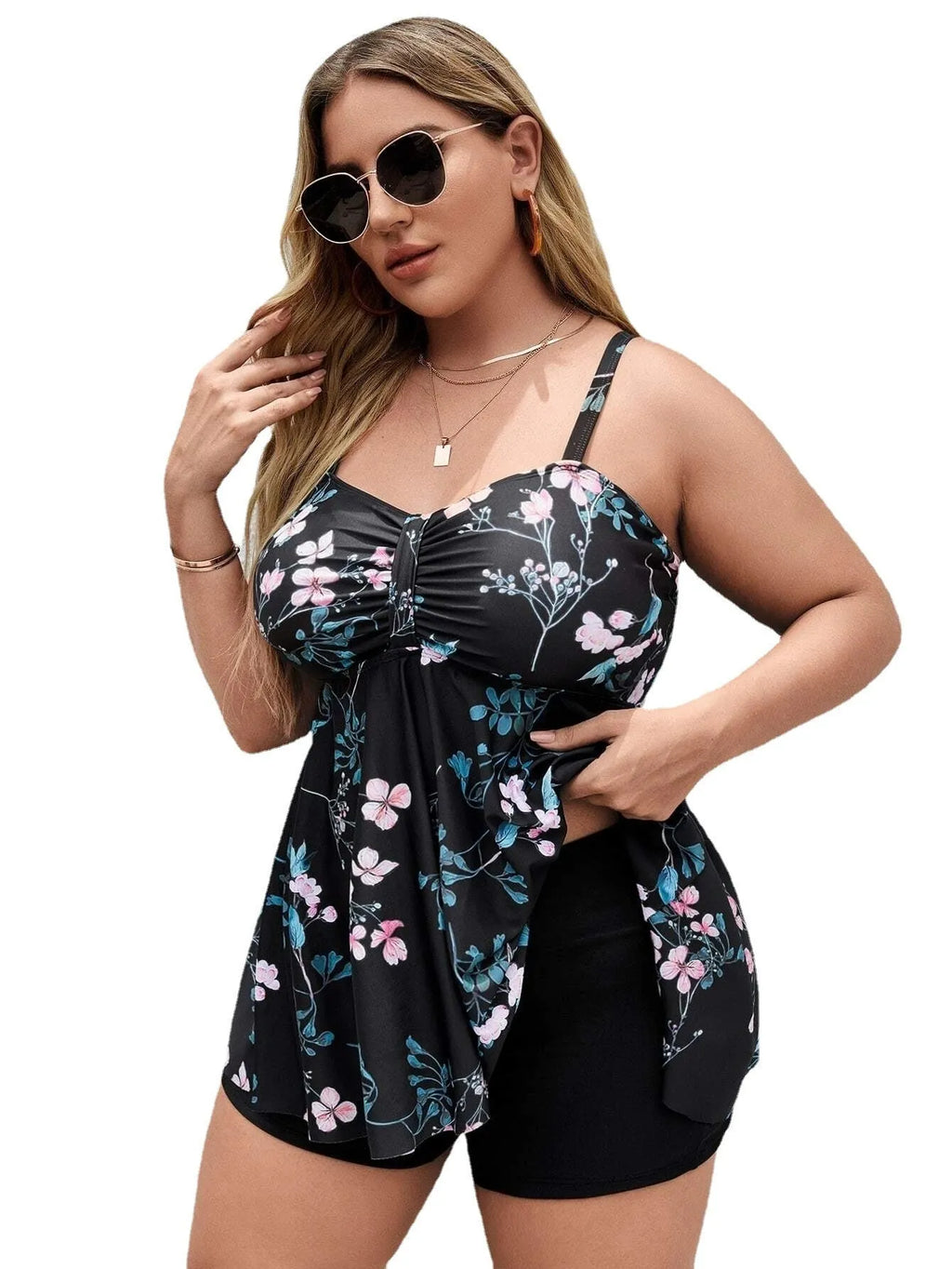 Women's floral print one-piece swimsuit on hanger, showing split colour design and high elasticity polyester fabric.