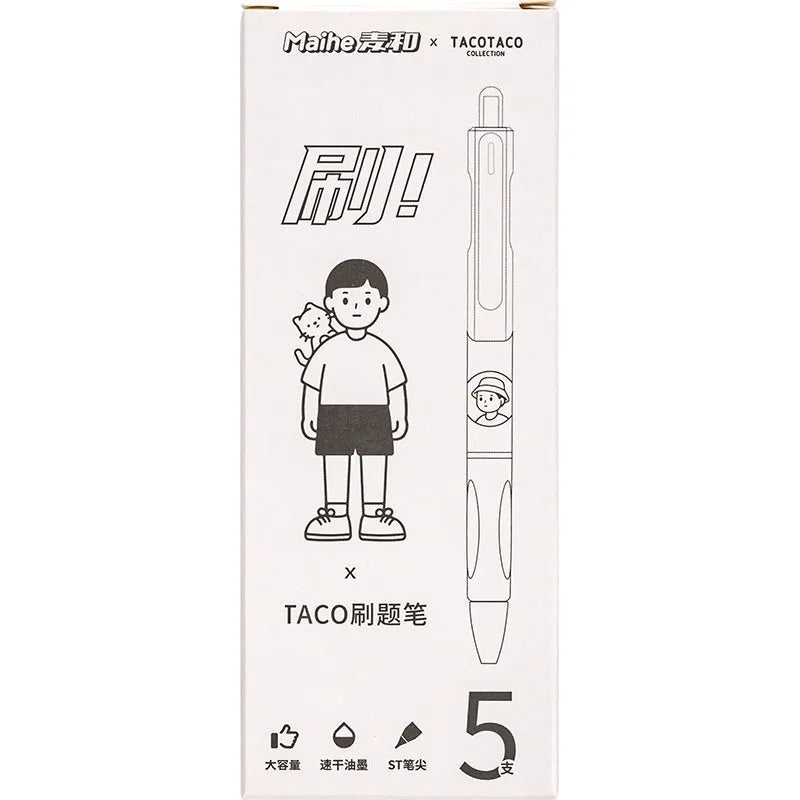 Five white and black Taco series ballpoint pens with 0.5mm black ink refills for student writing