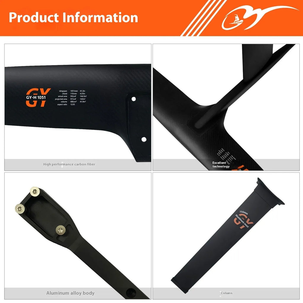 Black carbon fibre and aluminium alloy racing hydrofoil for surfing with 1051mm front wing