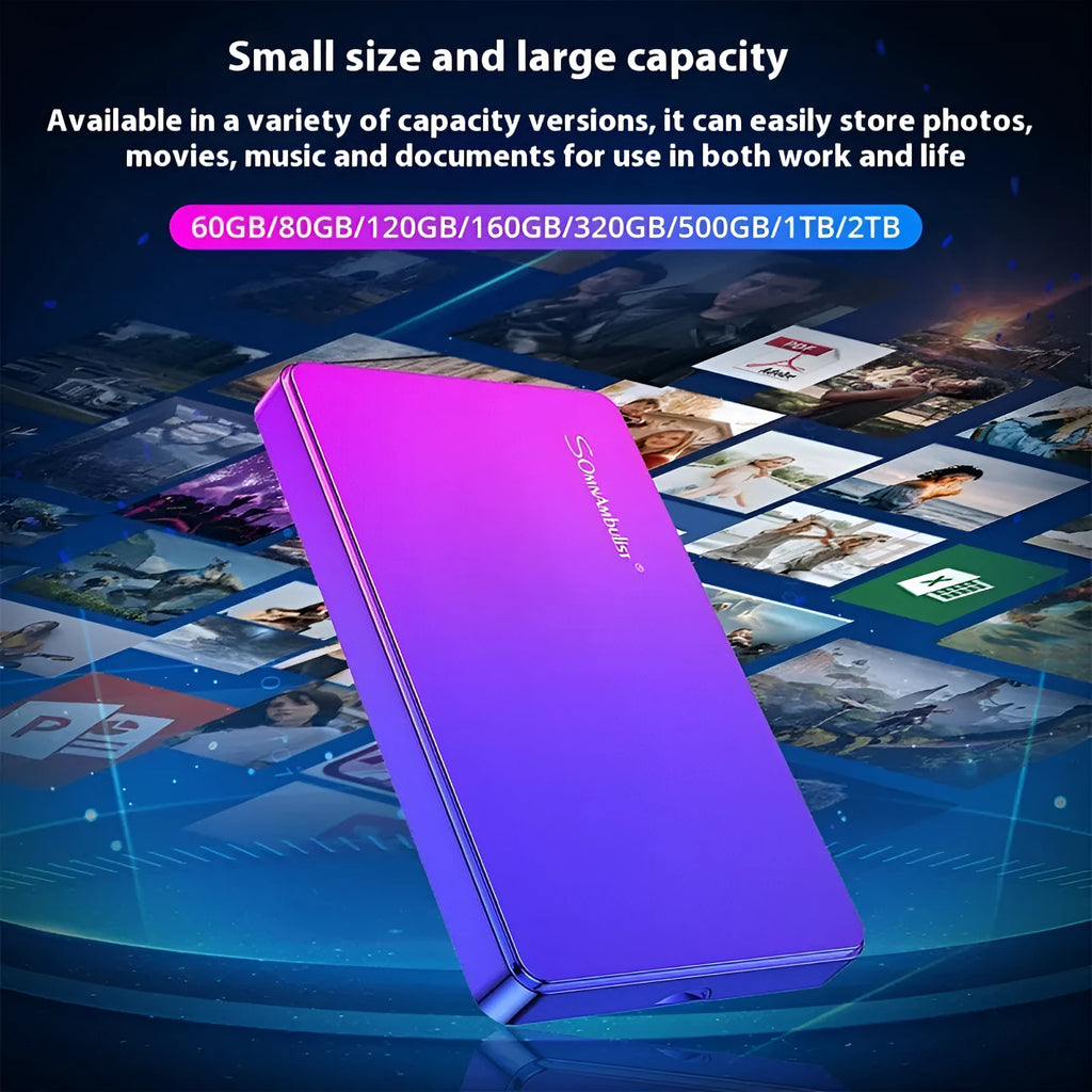 Purple external mobile hard disk with plastic shell, capacity up to 1TB