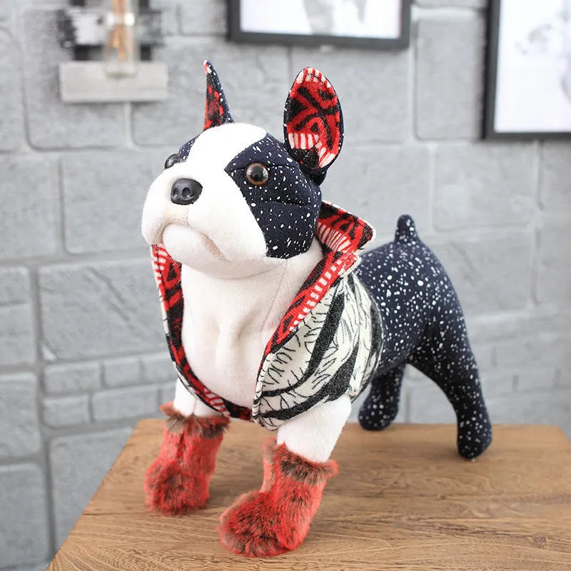 Dressing artificial dog plush toy in mink fur, bulldog style, large size 55-60cm, displayed on a surface