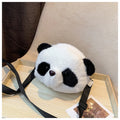 Soft plush cylindrical panda head crossbody bag showing front sandwich pocket.