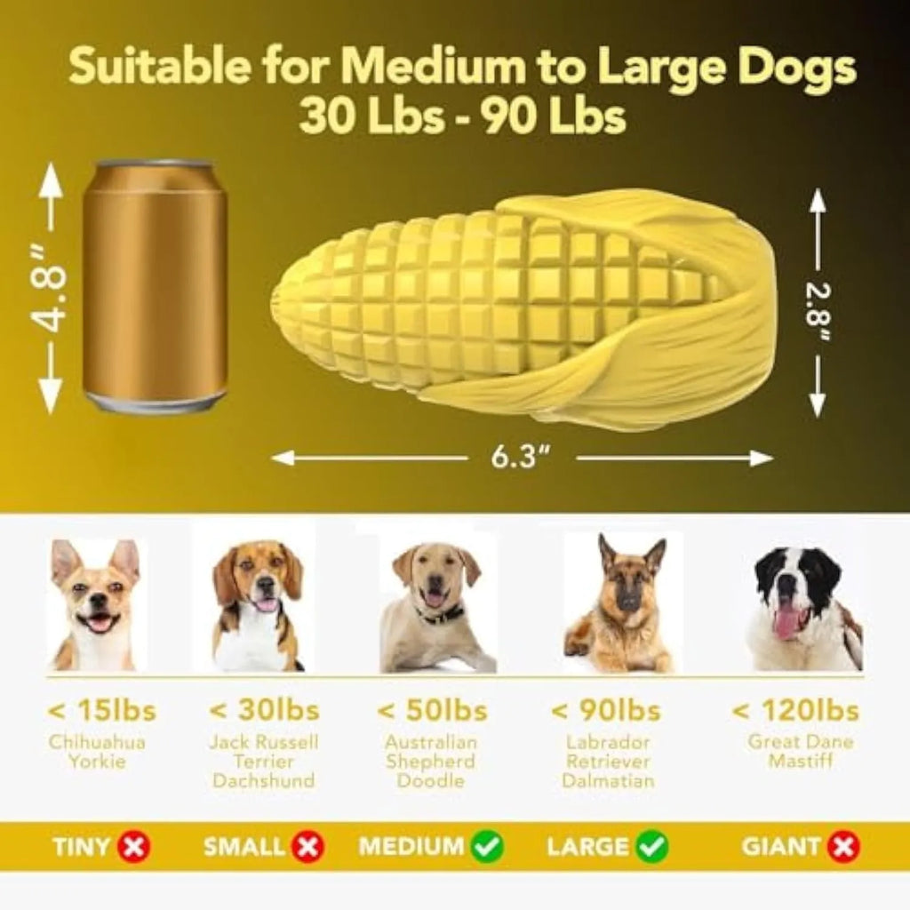 Corn stick shaped dog chew toy with textured surface grooves and squeaky interactive feature