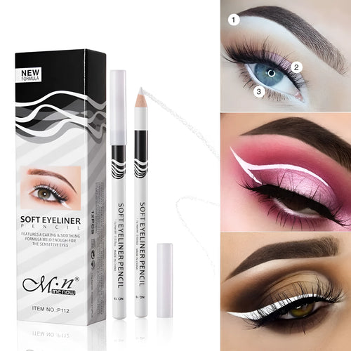 12 white waterproof eyeliner pencils in a box, smooth high gloss eye brightener makeup tools
