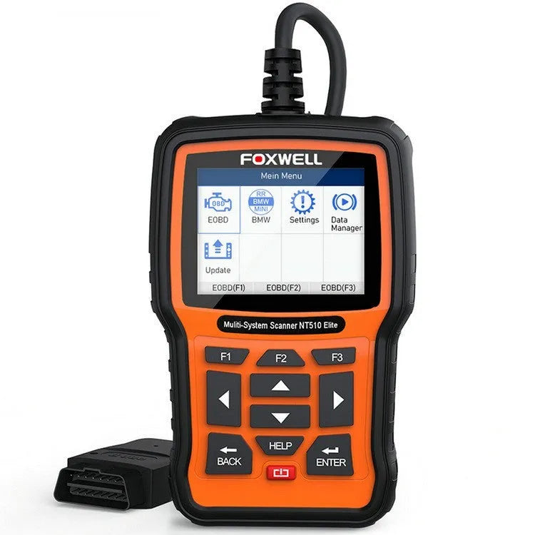 Foxwell NT510 orange and black automotive diagnostic scanner with OBD2 data cable.