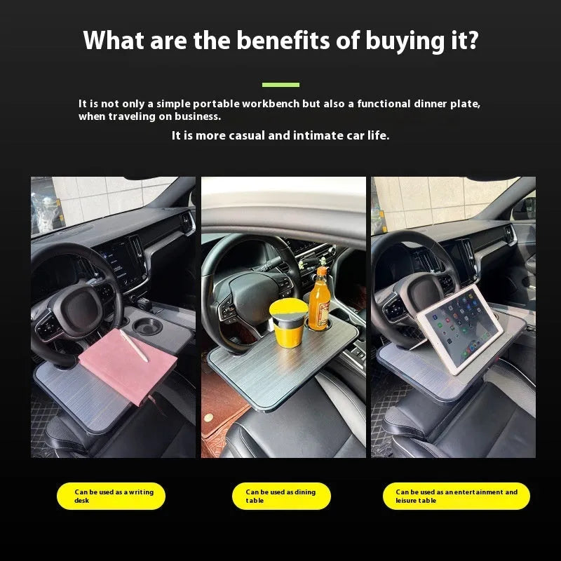 Black ABS car steering wheel laptop stand with foldable drink holder mounted in vehicle