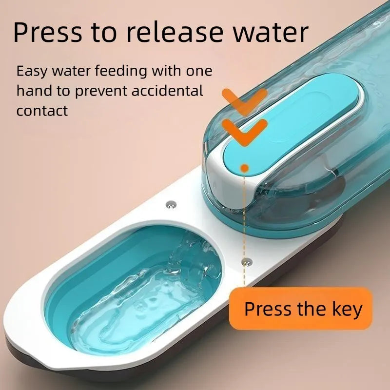 Blue portable dog water bottle with a folded pink silicone drinking bowl attached to its side.