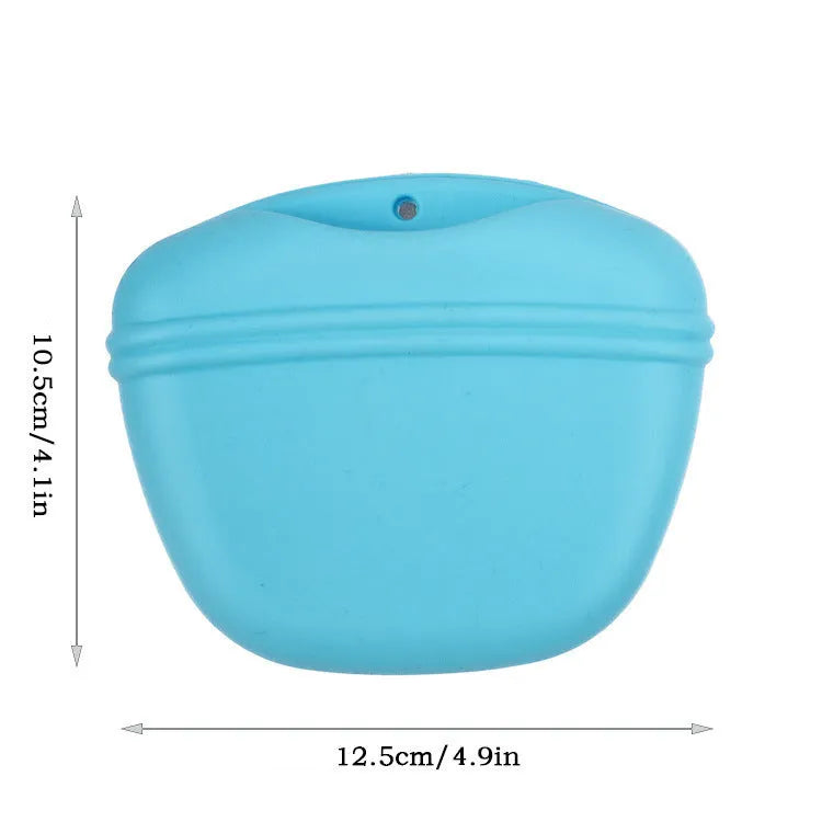 Silicone dog training treat pouch with belt clip and magnetic closure, shown in assorted colours.