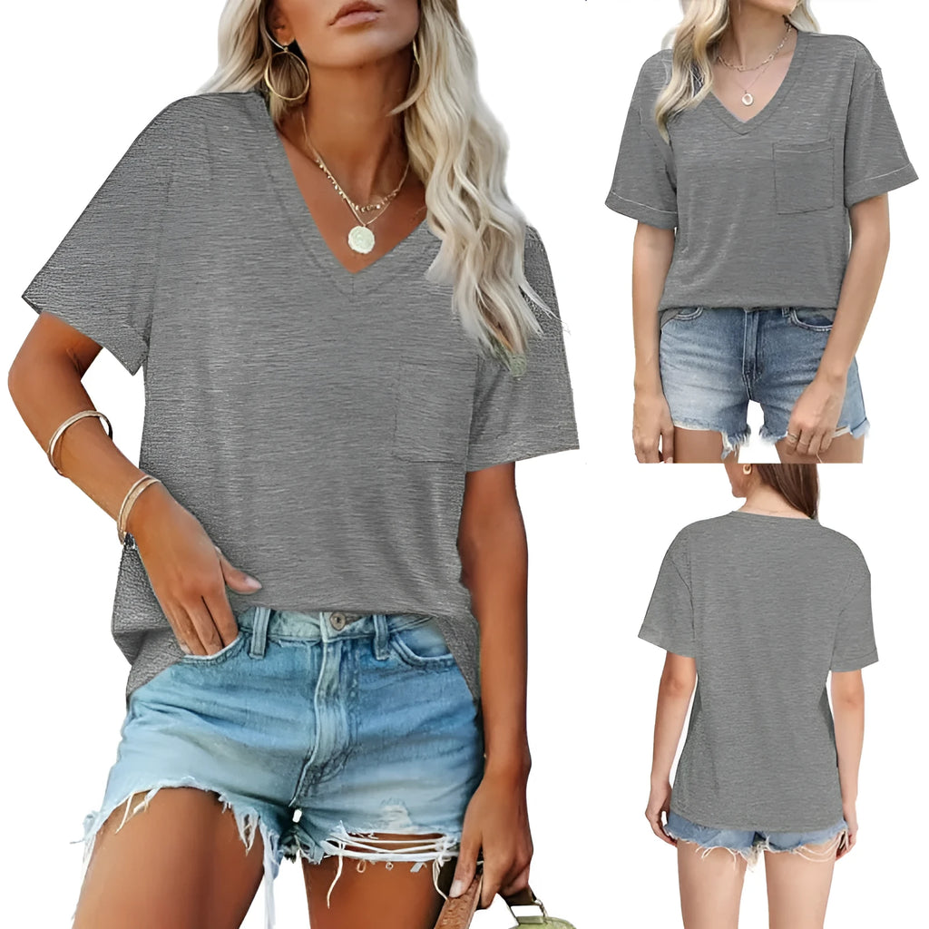 Grey loose V-neck T-shirt with chest pocket in Japanese Korean casual style
