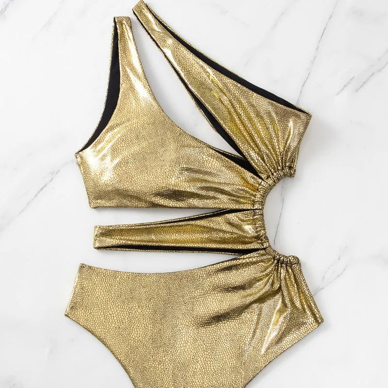 Women's solid gold backless one-piece swimsuit with high elasticity spandex construction