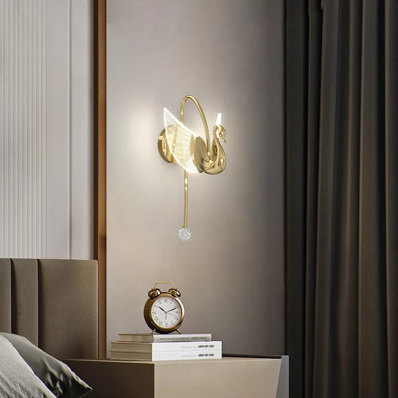 Gold modern minimalist swan design bedroom wall lamp with acrylic shade and iron frame