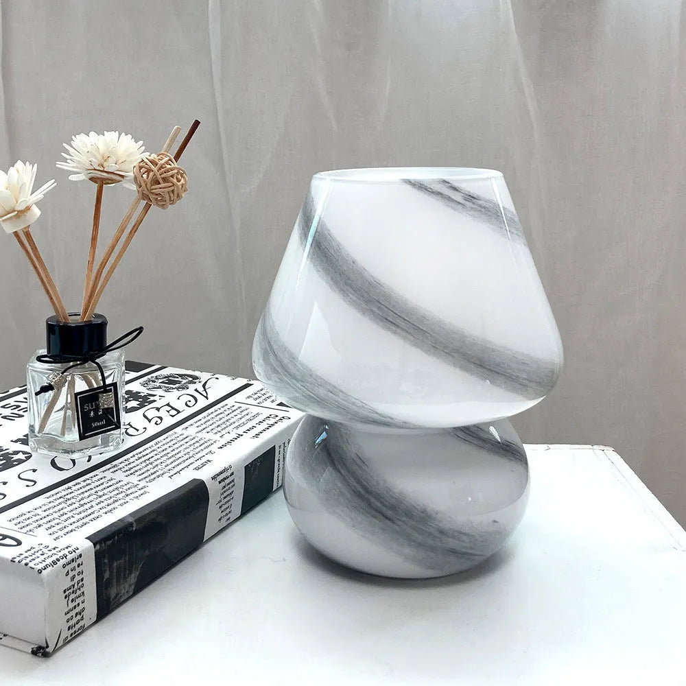 Handmade glass mushroom table lamp in Earth colour with E27 base on bedside table