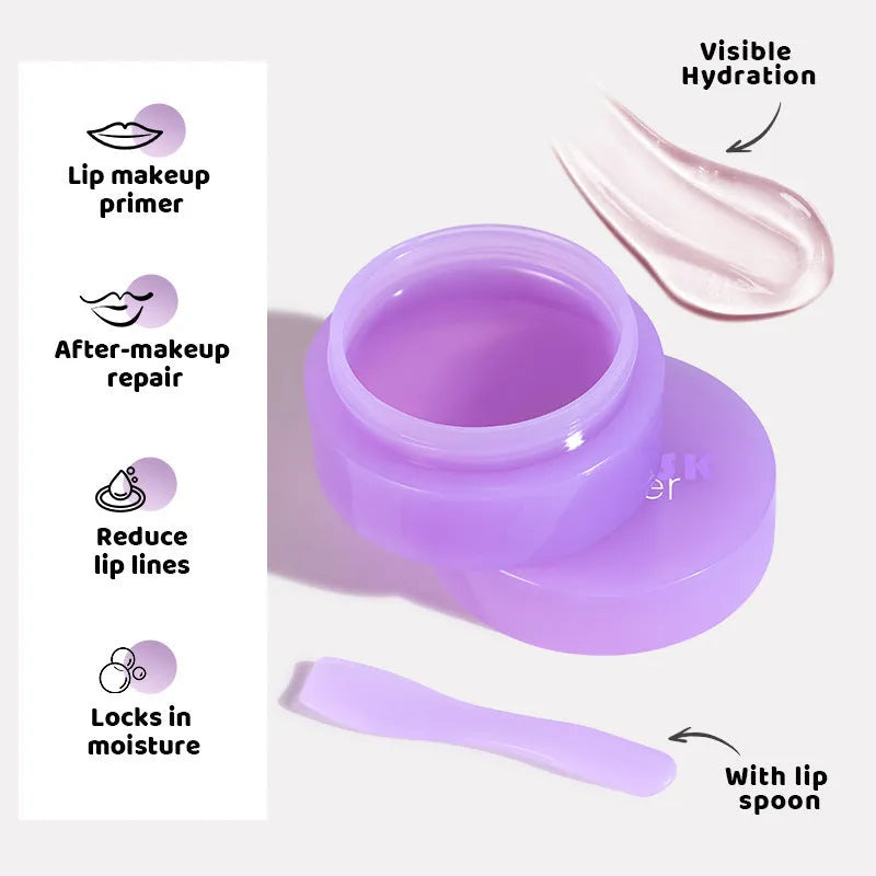 Lip exfoliating balm mask with 10ml tube and white silicone scraper tool on a pink background.