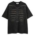 Brown cotton t-shirt with a large black skull graphic print and drop-shoulder sleeves.