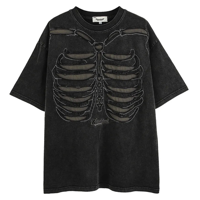 Brown cotton t-shirt with a large black skull graphic print and drop-shoulder sleeves.