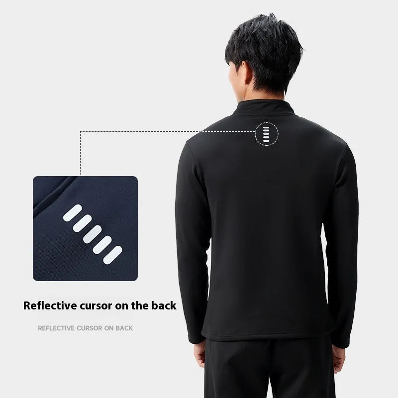 Men's half zip windproof quick dry training top in black, long sleeve, fleece lined, polyester fabric