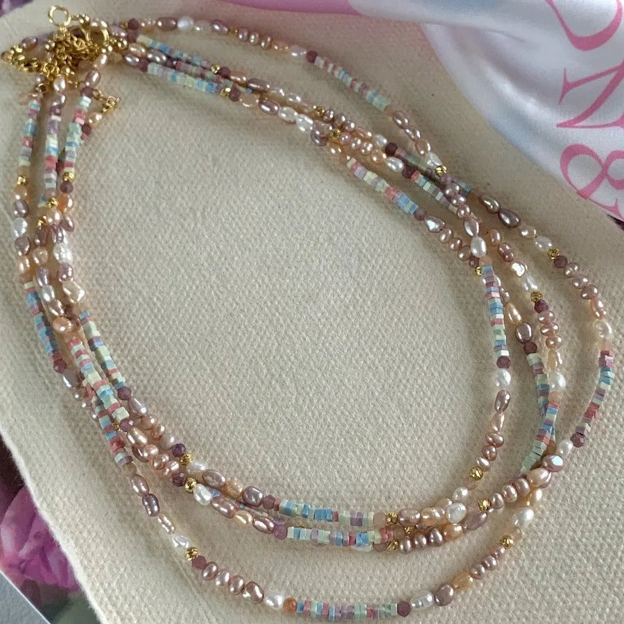Purple and silver natural pearl bracelet and necklace set with 14K gilded finish