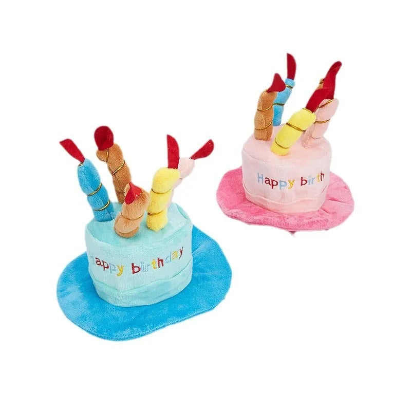 Blue or pink dog birthday hat toy for small to medium dogs on a white background.