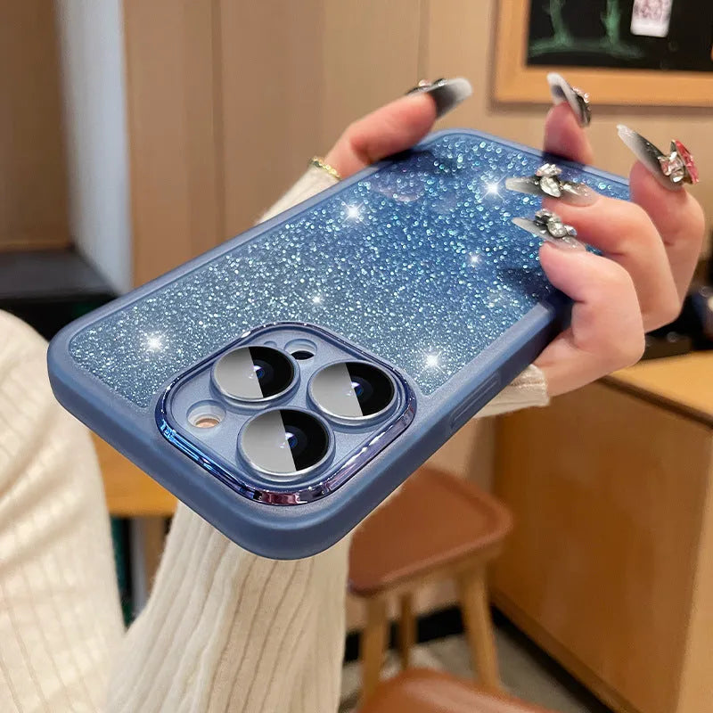 Ultra-thin transparent glitter phone case for iPhone with gradient electroplating finish.