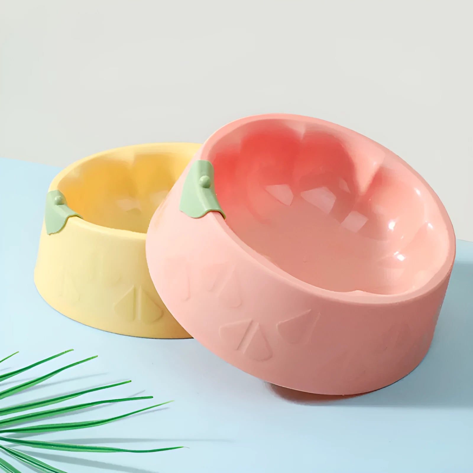 Green plastic double pet bowl for dog and cat food and water with anti-tip base