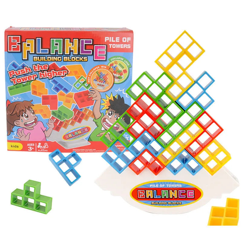 Plastic balance stacking game with 16 colourful building blocks on chassis