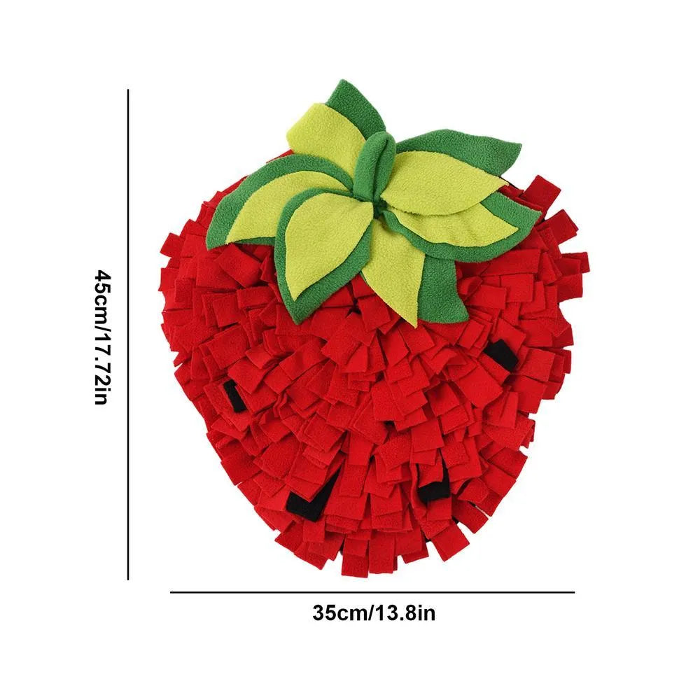 Red and green strawberry-shaped pet foraging mat for dogs and cats with multiple hiding spots