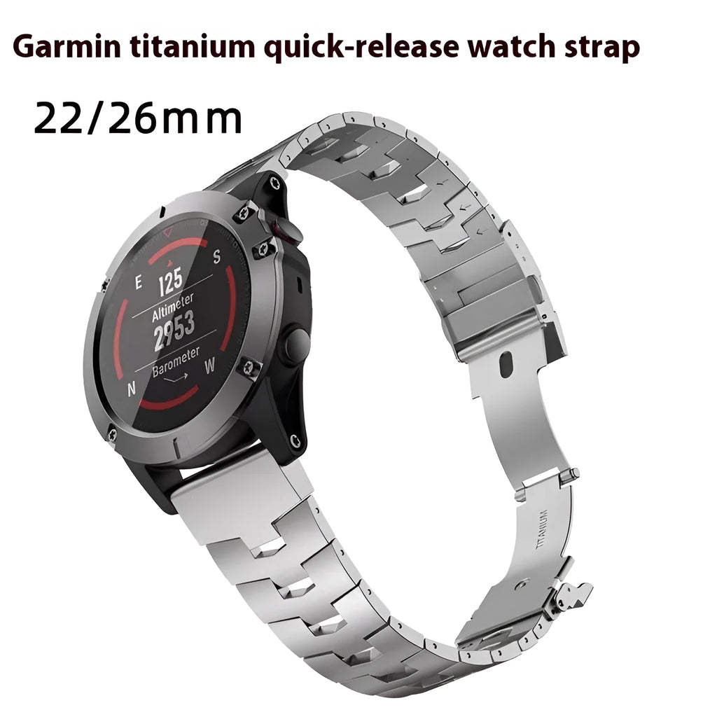 Garmin Fenix Jiaming watch replacement strap in silver, black, and titanium colours showing 22mm and 26mm width options.